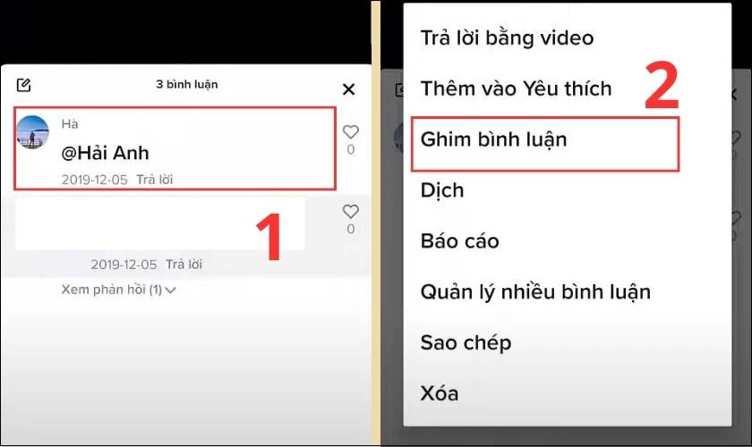 Nhấn giữ v&agrave;o b&igrave;nh luận v&agrave; chọn Ghim b&igrave;nh luận