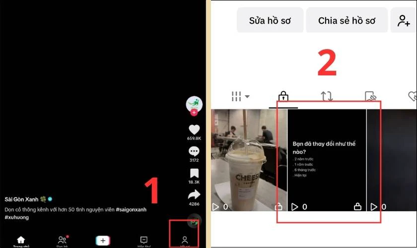Chọn mục Hồ sơ v&agrave; nhấn v&agrave;o video c&oacute; b&igrave;nh luận muốn ghim