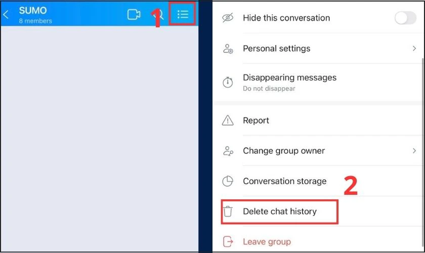 T&ugrave;y chọn X&oacute;a dữ liệu tr&ograve; chuyện/Delete chat history