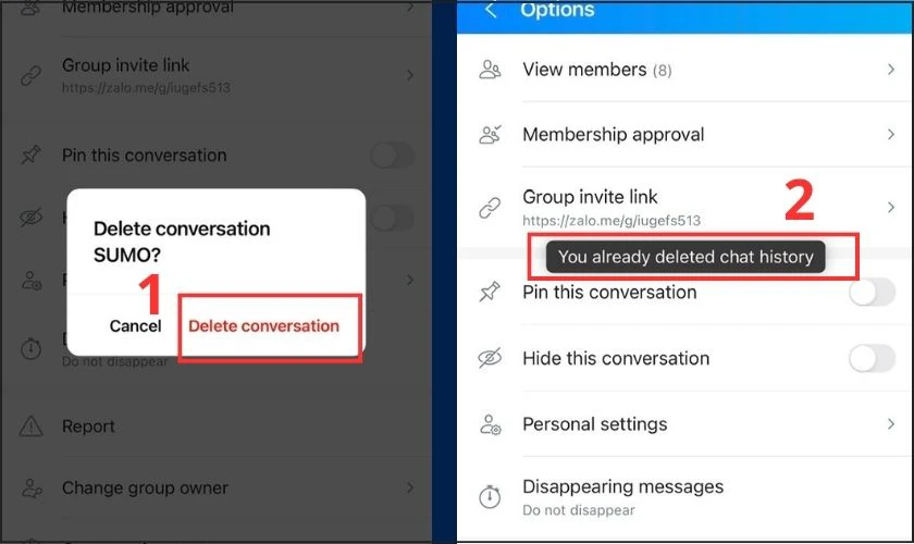 Chọn Delete conversation/X&oacute;a dữ liệu tr&ograve; chuyện