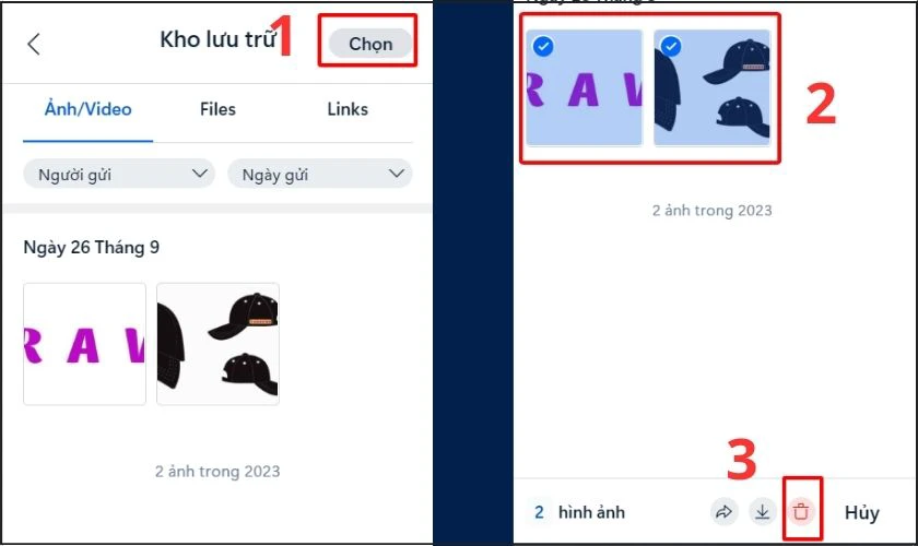 Nhấn v&agrave;o Chọn để lựa h&igrave;nh ảnh/video hoặc tệp cần x&oacute;a