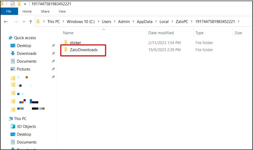 Mở thư mục Zalo v&agrave; chọn v&agrave;o mục Zalo Dowloads