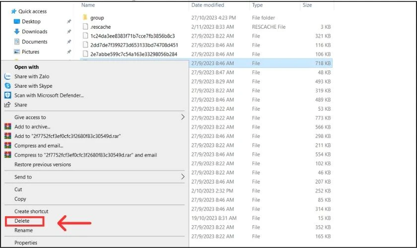 Click chọn v&agrave; nhấn chuột phải cho tệp v&agrave; nhấn Delete để x&oacute;a