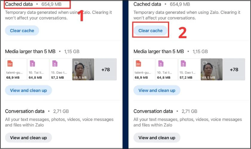 Chọn Clear cache để xử l&yacute; giải ph&oacute;ng bộ nhớ tr&ecirc;n Zalo
