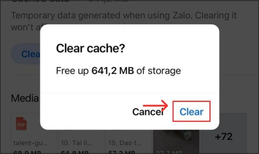 X&aacute;c nhận h&agrave;nh động x&oacute;a bằng c&aacute;ch chạm v&agrave;o Clear