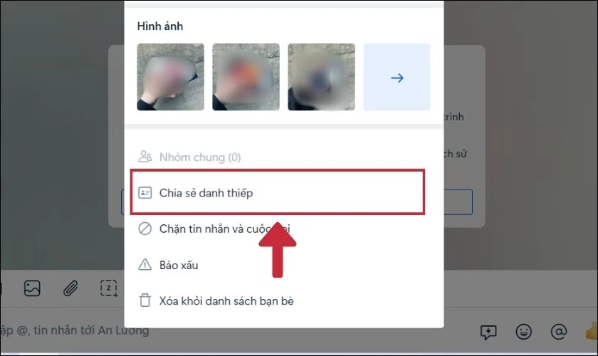 Tiếp theo bạn chọn v&agrave;o mục Chia sẻ danh thiếp