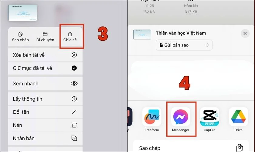 Nhấn và giữ vào file PowerPoint cần chia sẻ, sau đó chọn Chia sẻ. Rồi tiếp tục chọn ứng dụng Messenger