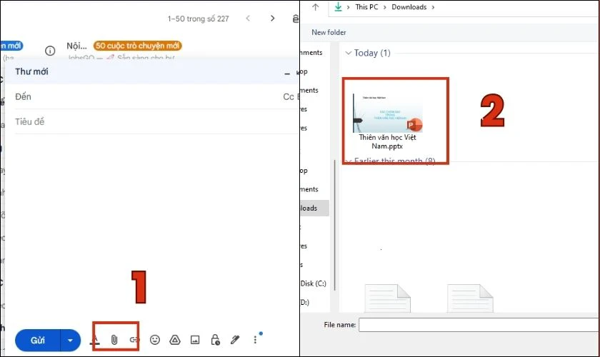 Nhấn vào biểu tượng đính kèm. Tìm đến file PowerPoint cần gửi, chọn Mở/Open để tải lên