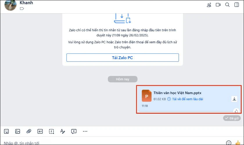 Nhấn vào biểu tượng mũi tên gửi hoặc nhấn Enter để hoàn tất việc gửi file