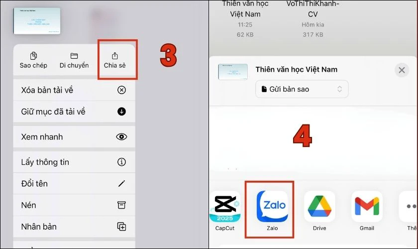 Nhấn giữ file, chọn Chia sẻ và Chọn Zalo