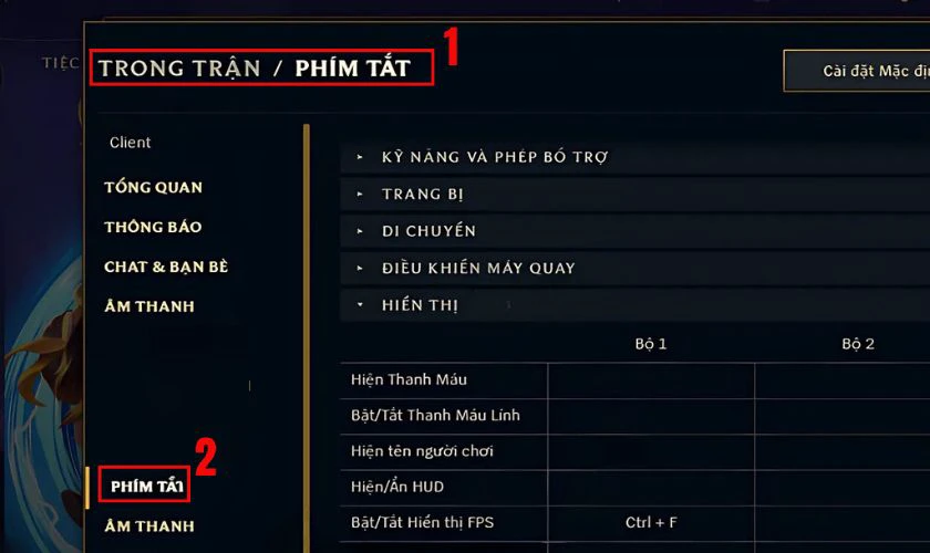Khi bảng cài đặt xuất hiện, chọn mục Trong Trận, sau đó chọn vào phần Phím Tắt