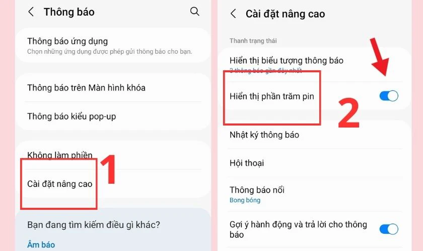 Chọn mục Cài đặt nâng cao, sau đó bật hiển thị phần trăm pin