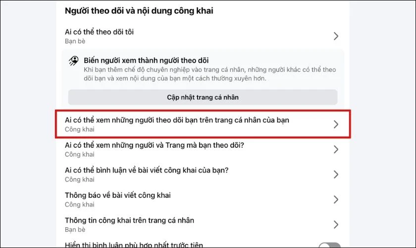 Chọn Công khai người theo dõi trên trang cá nhân