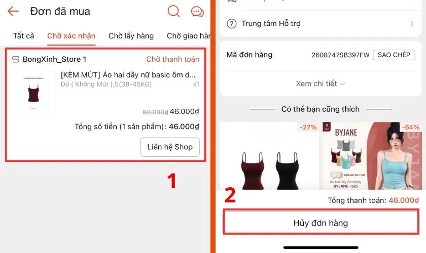 Chọn đơn hàng cần hủy và ấn xác nhận