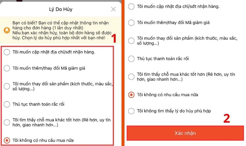 Lựa chọn lý do hủy đơn phù hợp
