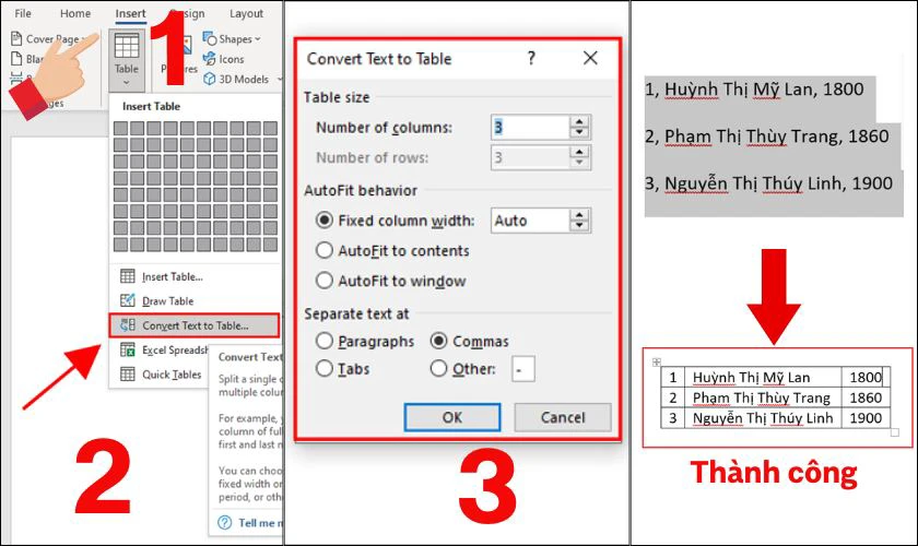 C&aacute;ch kẻ bảng trong Word từ văn bản c&oacute; sẵn