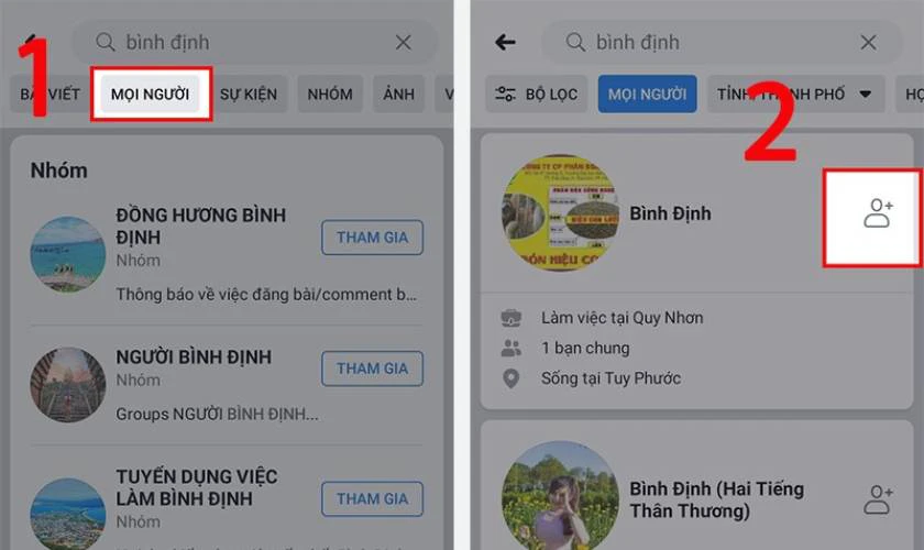 Sau đ&oacute; bạn h&atilde;y t&igrave;m người bạn ph&ugrave; hợp v&agrave; nhấn v&agrave;o biểu tượng Th&ecirc;m bạn b&egrave;