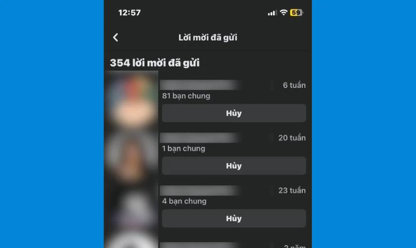 Khi danh s&aacute;ch lời mời đ&atilde; gửi hiển thị, bạn chỉ cần bấm Hủy