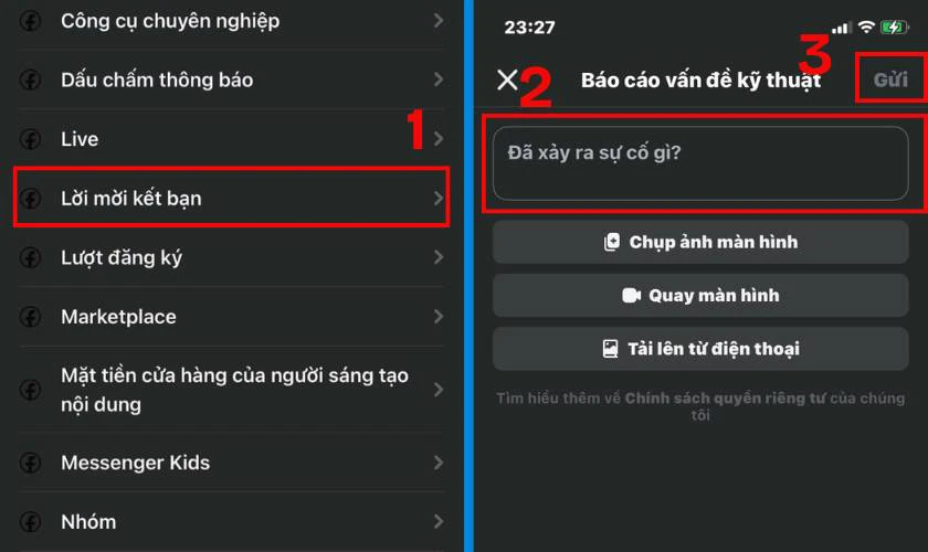 Sau đ&oacute; bạn h&atilde;y chọn mục Lời mời kết bạn, m&ocirc; tả chi tiết vấn đề bạn gặp phải rồi nhấn Gửi