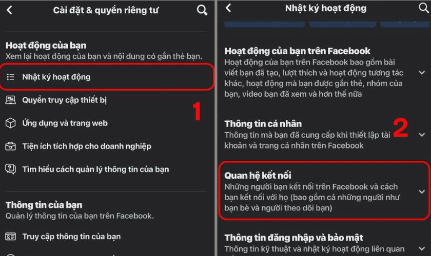 Tiếp đến bạn h&atilde;y họn Nhật k&yacute; hoạt động, rồi v&agrave;o mục Quan hệ kết nối