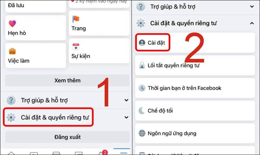 Chọn C&agrave;i đặt & quyền ri&ecirc;ng tư v&agrave; tiếp tục chọn C&agrave;i đặt
