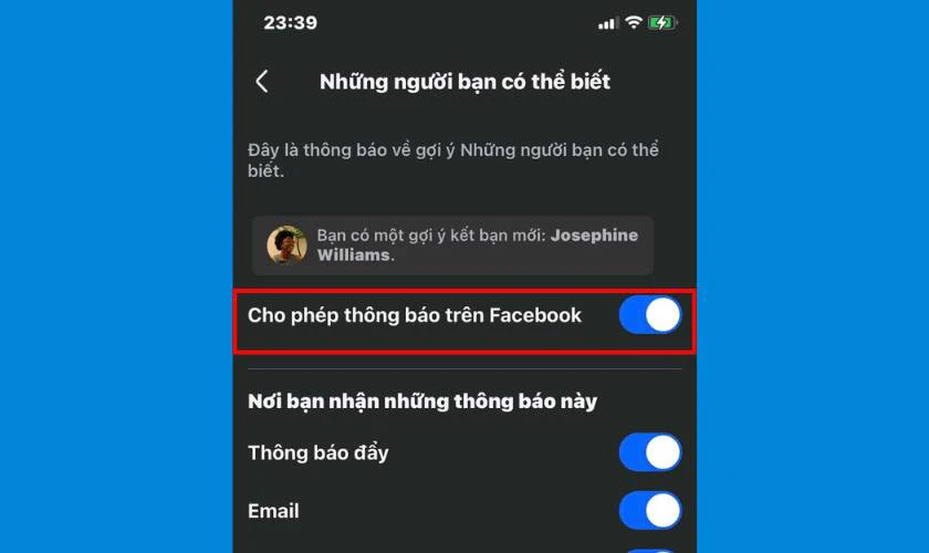 Tại đ&acirc;y, h&atilde;y bật c&ocirc;ng tắc Cho ph&eacute;p Facebook gửi th&ocirc;ng b&aacute;o gợi &yacute; kết bạn