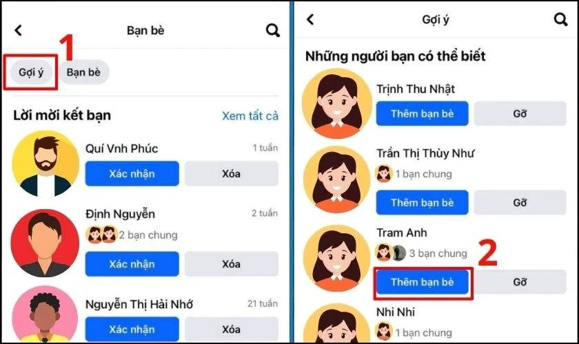 Tại giao diện bạn b&egrave;, chọn tiếp mục Gợi &yacute;