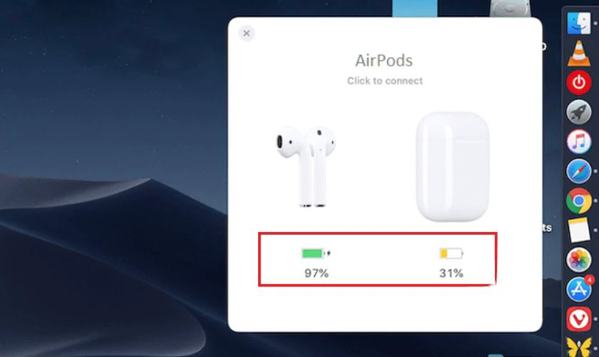 Khi kết nối th&agrave;nh c&ocirc;ng bạn sẽ thấy th&ocirc;ng tin pin của Airpod