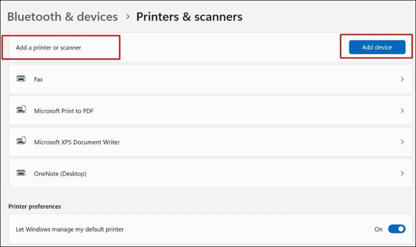 Cuối c&ugrave;ng bạn h&atilde;y nhấn v&agrave;o Add Device tại mục Add a Printer or Scanner