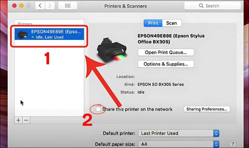 Sau đ&oacute; tick v&agrave;o &ocirc; Share this printer on the network