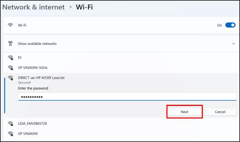 Nhập mật khẩu Wifi, sau đ&oacute; nhấn Next