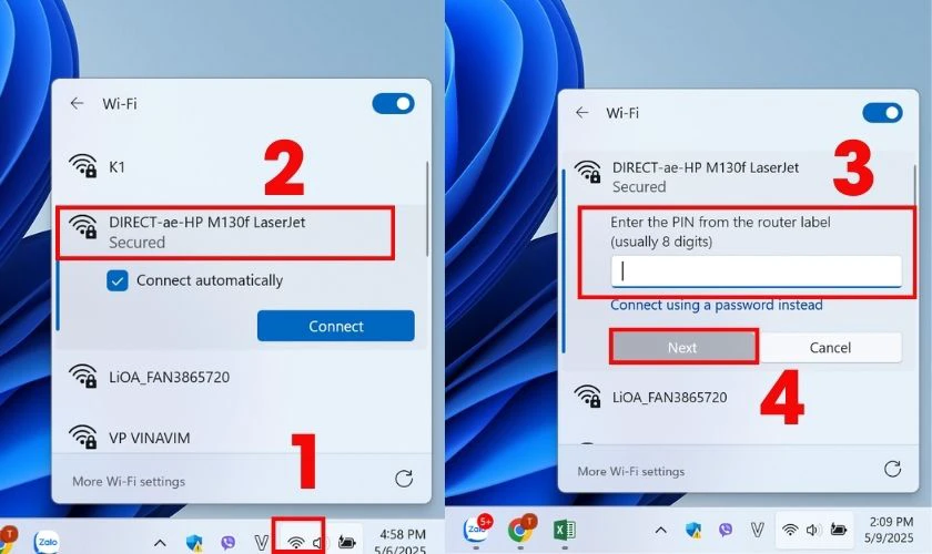 Chọn mạng Wifi bạn muốn kết nối, sau đ&oacute; nhập mật khẩu v&agrave; nhấn Next