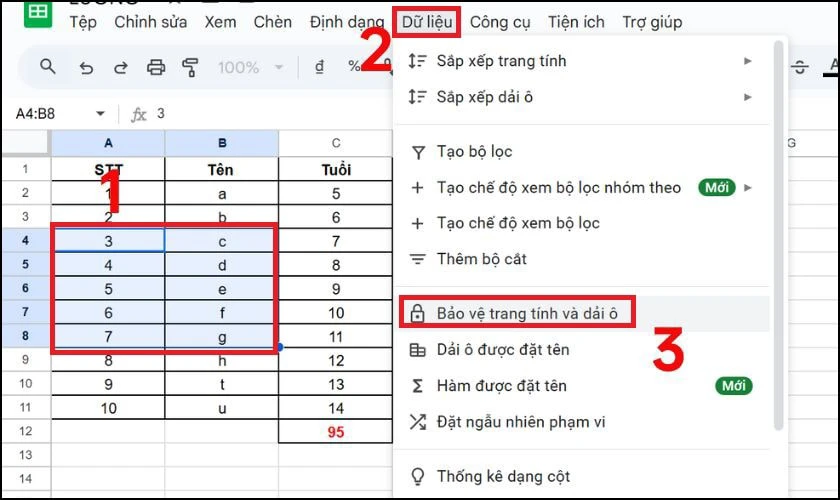 Cách khóa vùng dữ liệu trong Google Sheet