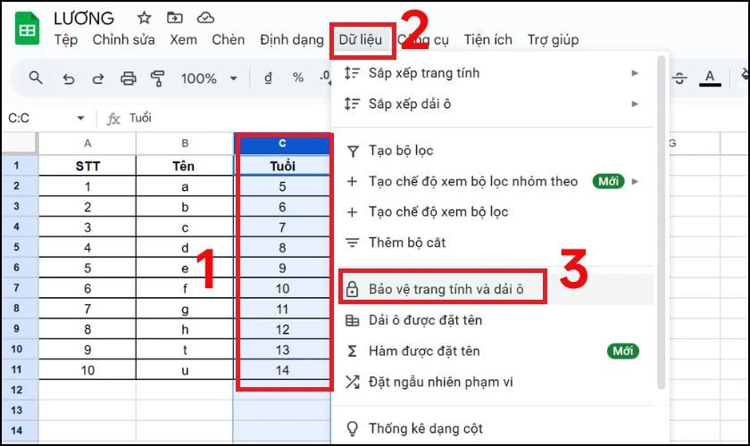 Cách khóa cột trong Google Sheet