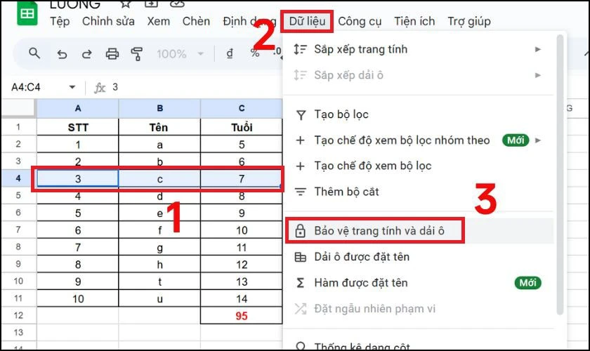 Cách khóa hàng trong Google Sheet