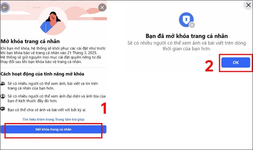 Nhấn Mở kh&oacute;a trang c&aacute; nh&acirc;n, tiếp tục bấm OK
