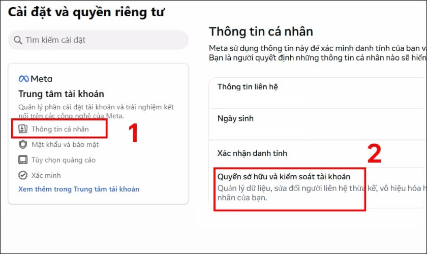 Chọn Quyền sở hữu v&agrave; kiểm so&aacute;t t&agrave;i khoản