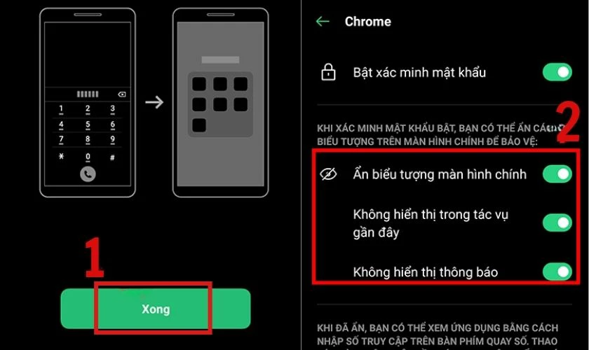 Nhấn v&agrave;o mục Xong để ẩn ứng dụng tr&ecirc;n điện thoại OPPO
