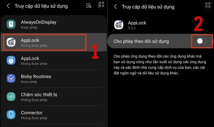 Ở mục truy cập dữ liệu chọn bật ứng dụng Applock 
