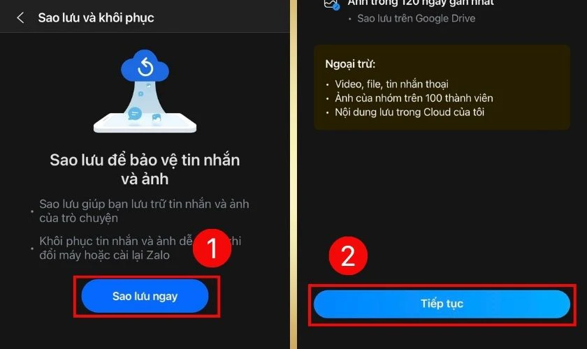 V&agrave;o Sao lưu và kh&ocirc;i phục, nhấn Sao lưu ngay v&agrave; chọn Tiếp tục