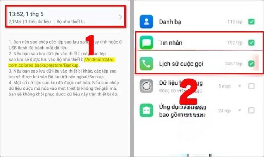 Chọn bản sao lưu phù hợp, chọn Tin nhắn và các dữ liệu khác