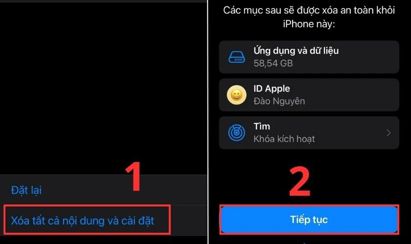 Chọn Xóa tất cả nội dung và cài đặt và bấm Tiếp tục
