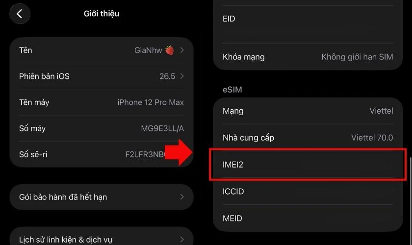 Kéo xuống mục IMEI