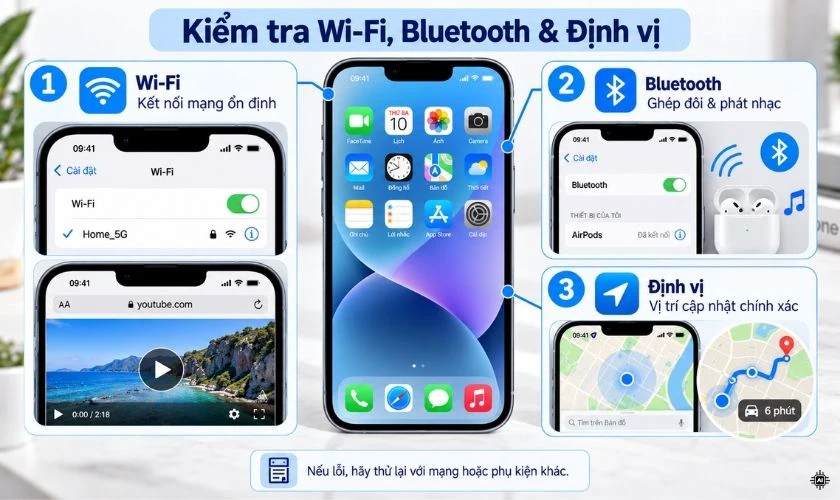 Kiểm tra Wi-Fi, Bluetooth và định vị