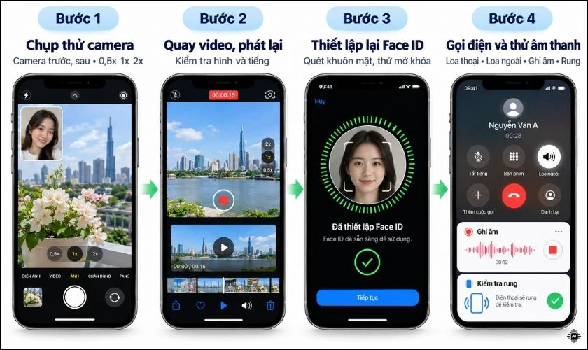 Kiểm tra camera, Face ID, loa và mic