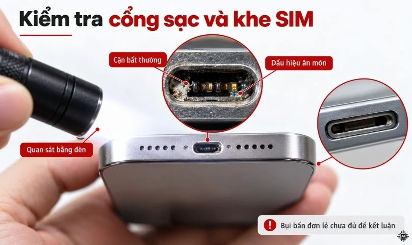 Kiểm tra cổng sạc, khe SIM và dấu hiệu ăn mòn
