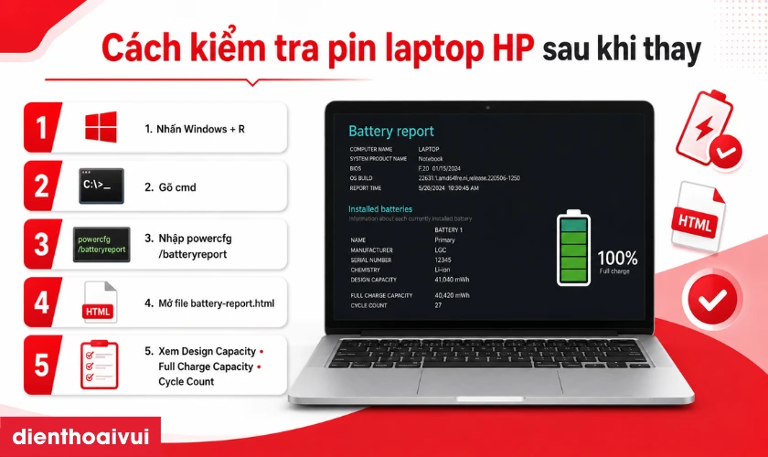 Kiểm tra pin laptop HP sau thay