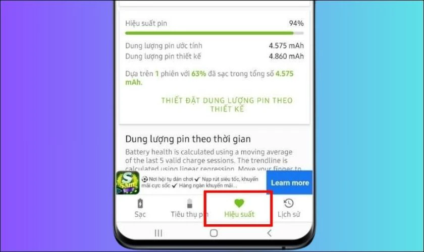 Mở ứng dụng AccuBattery v&agrave; v&agrave;o mục Hiệu suất