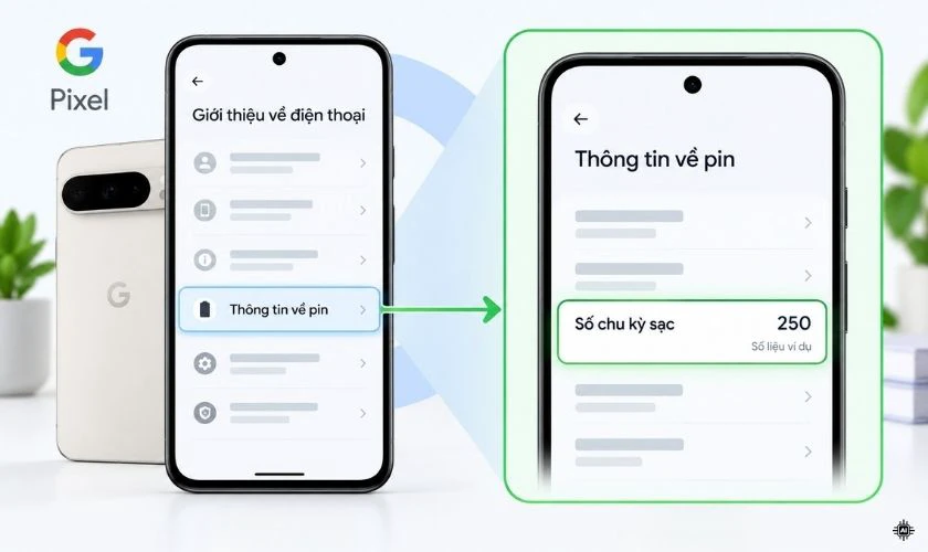 Nhấn Thông tin về pin để xem số chu kỳ sạc cùng các thông tin liên quan được thiết bị hỗ trợ