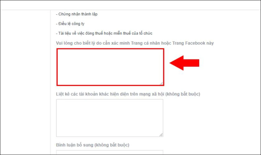 Nhập l&yacute; do cần x&aacute;c minh t&agrave;i khoản Facebook